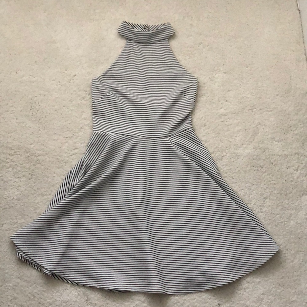 Black and white striped dress with high neck